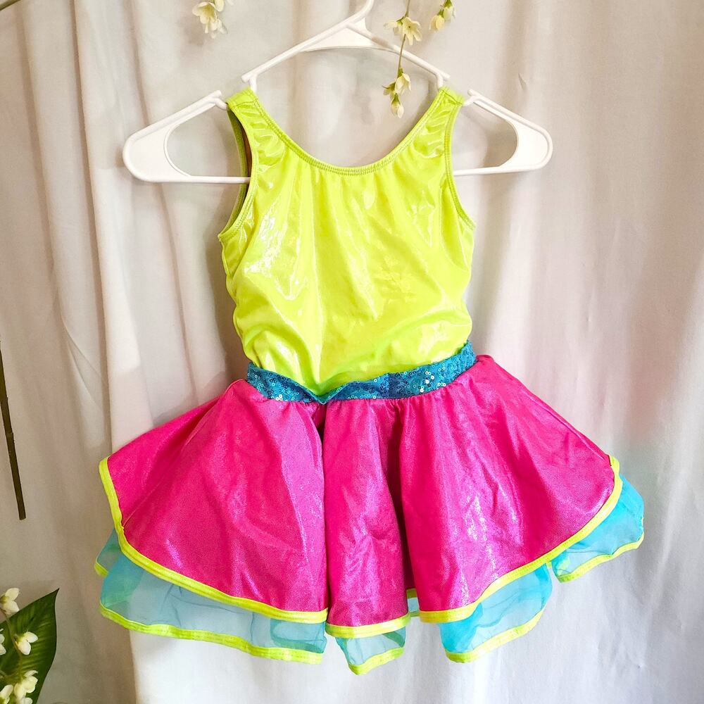 Revolution Dancewear MC Neon Pink Lime Sequin Dance Costume